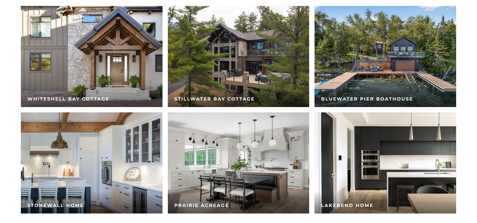 Six Pine Creek projects: Whiteshell Bay Cottage, Stillwater Bay Cottage, Bluewater Pier Boathouse, Stonewall Home, Prairie Acreage and Lakebend Home