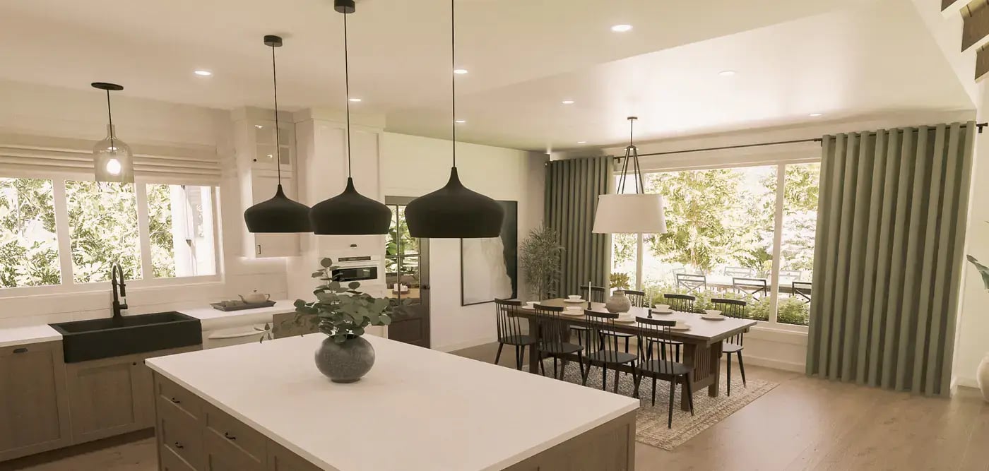 render of a kitchen and dining room