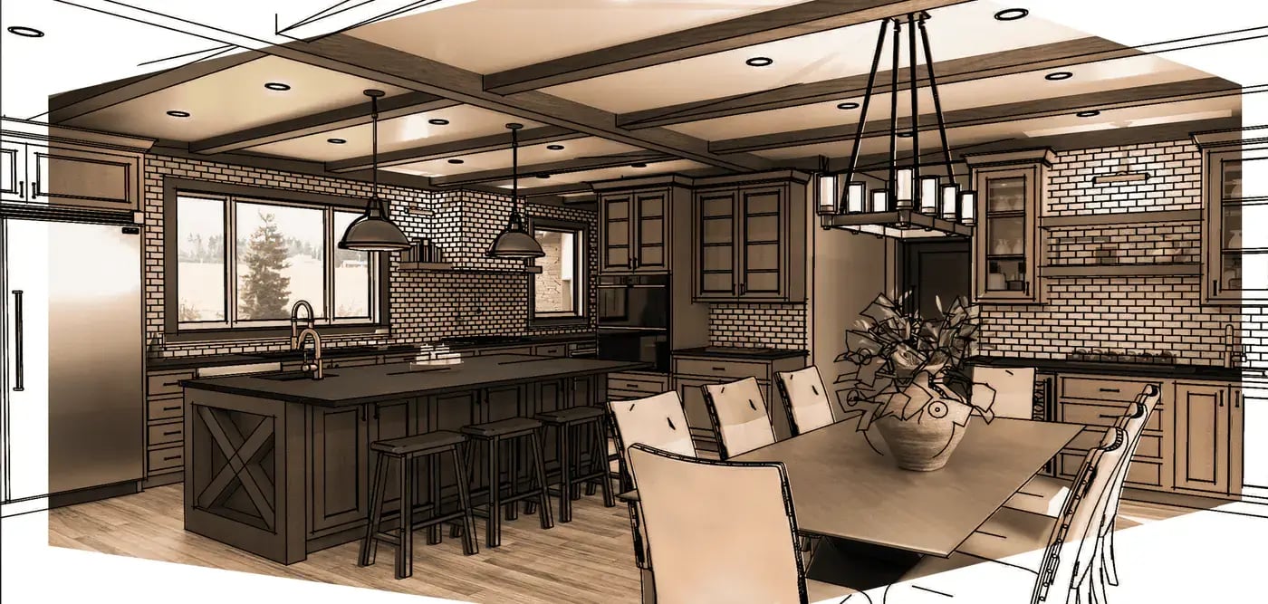 render of kitchen and dining with lots of cabinetry and an island