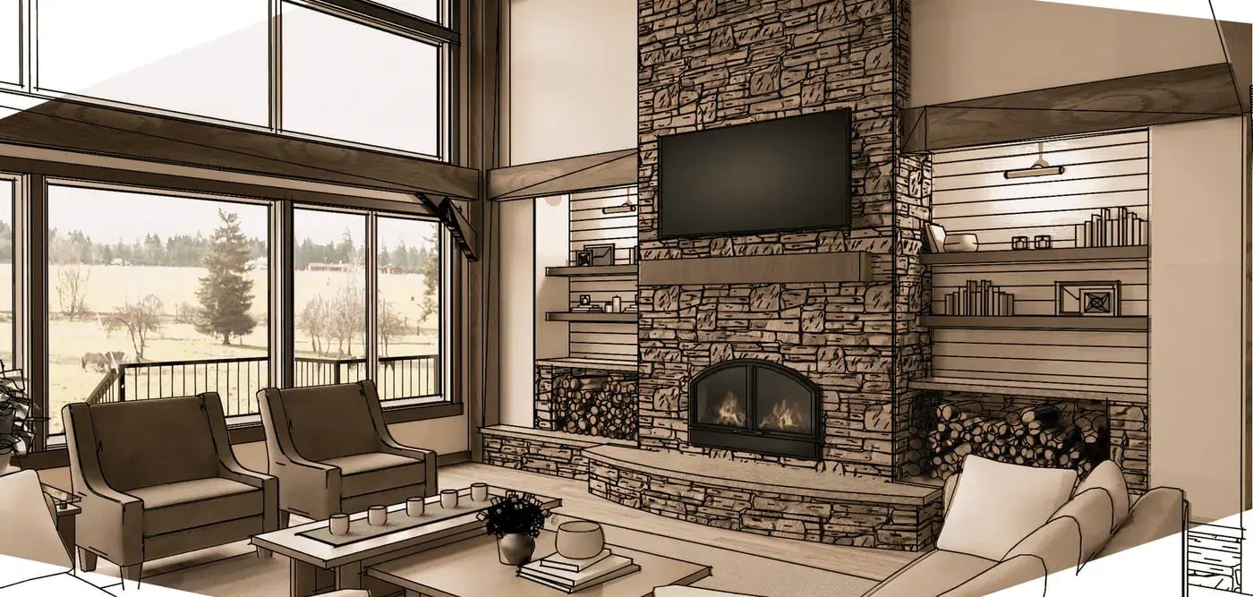 render of great room complete with a large fireplace with builtin storage on both sides