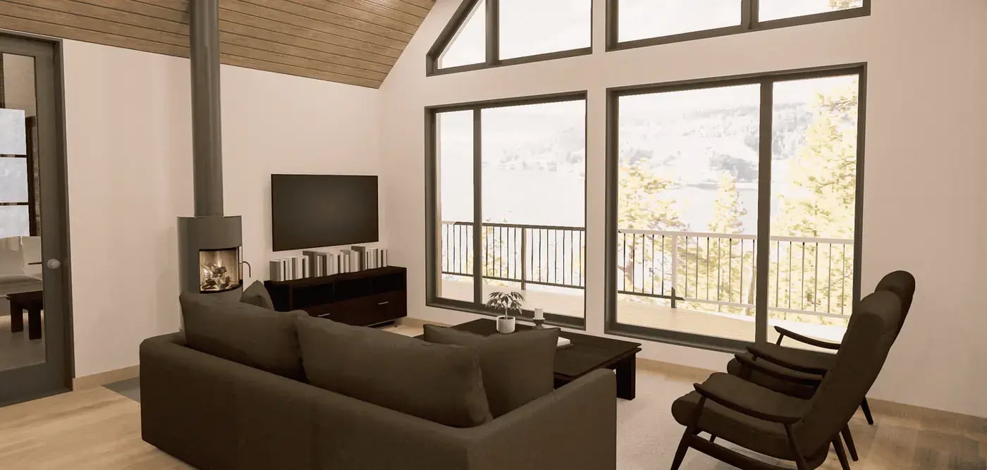 render of living area with large windows