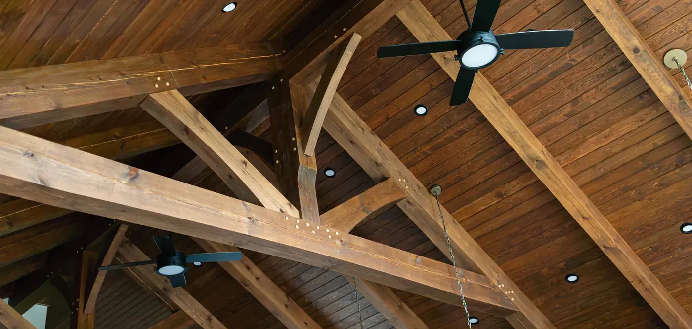 Timber frame beams in a cottage