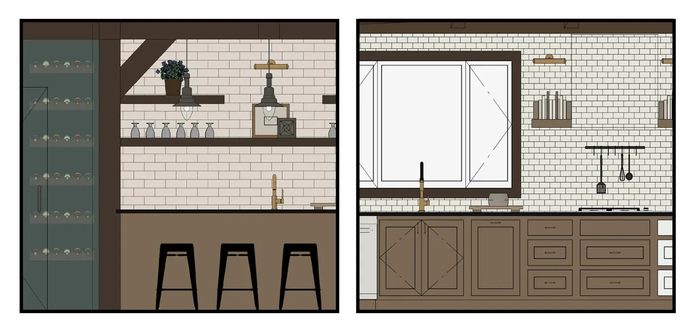 elevation of lower level bar and main floor kitchen