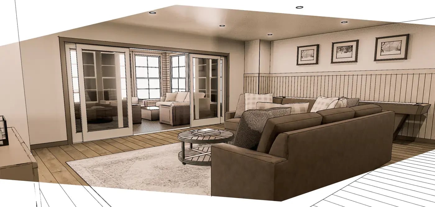 render of lower level living area with attached sunroom