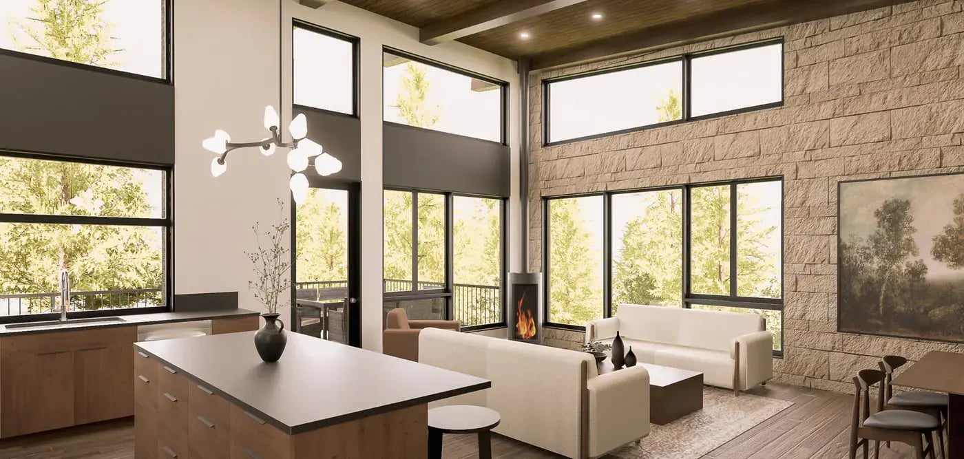 render of open concept living kitchen and dining along some large windows