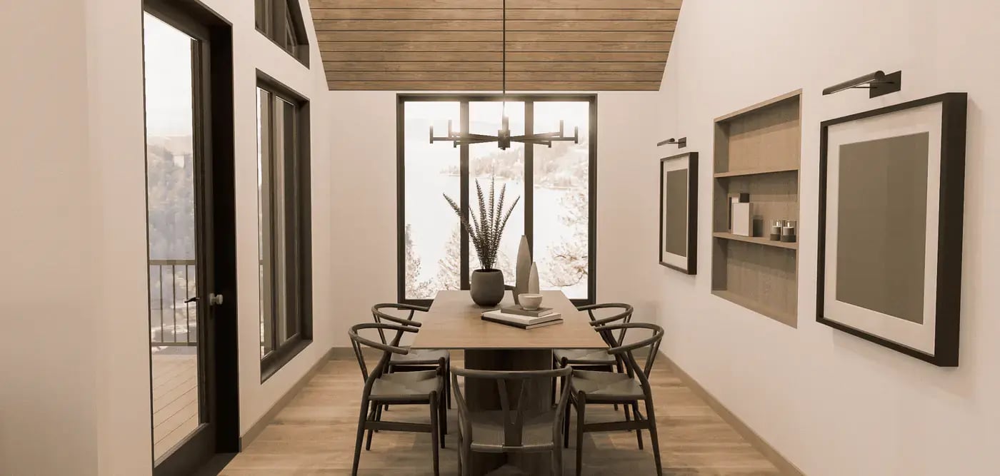 render of dining area with high slanted ceiling