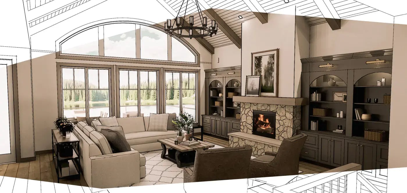 render of living room with fireplace and built in cabinetry