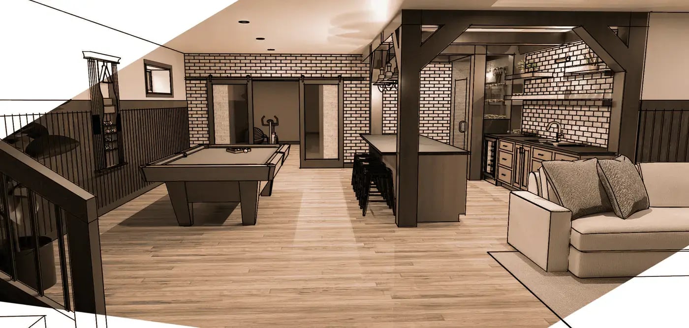 render of basement living complete with a wet bar pool table and gym