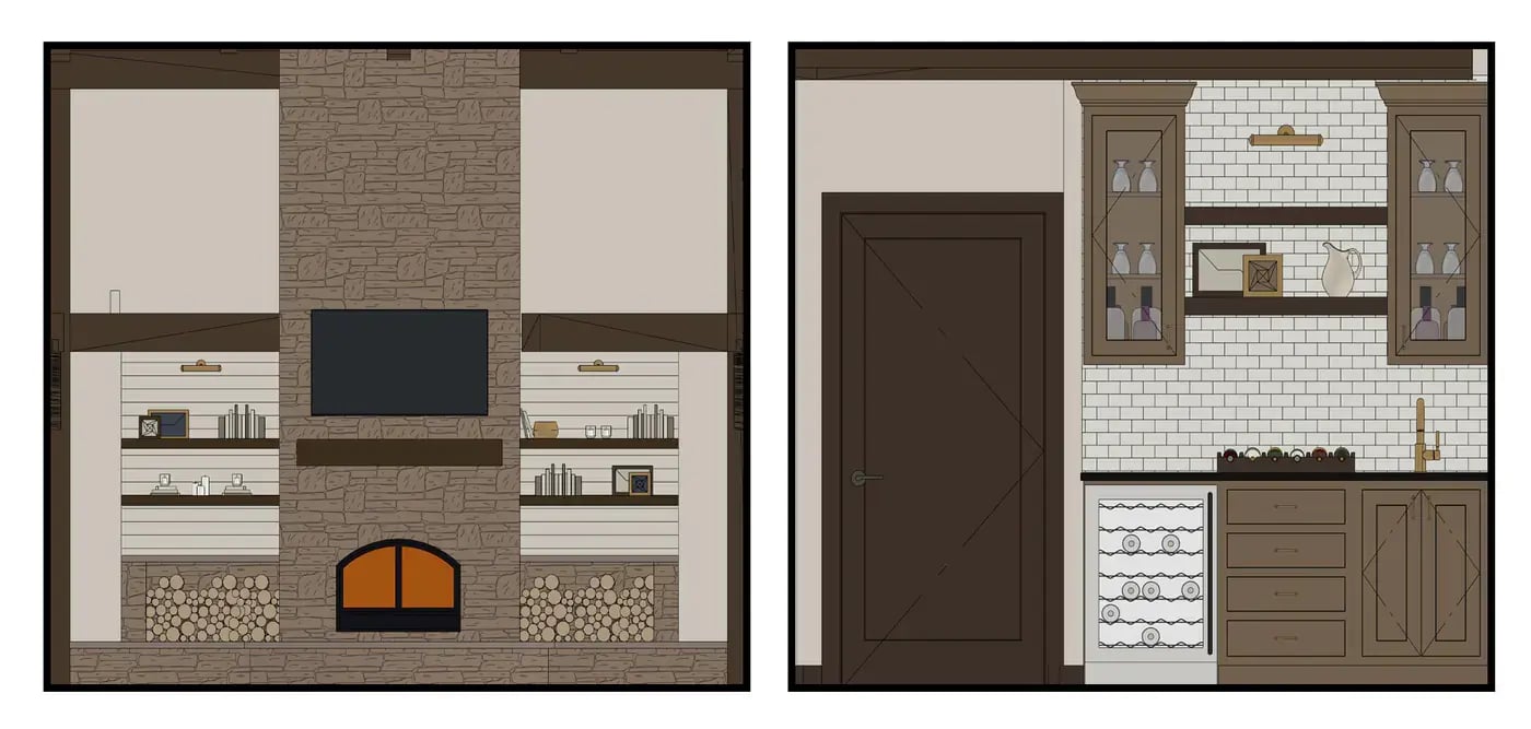 elevation of living room fireplace wall and kitchen wet bar wall