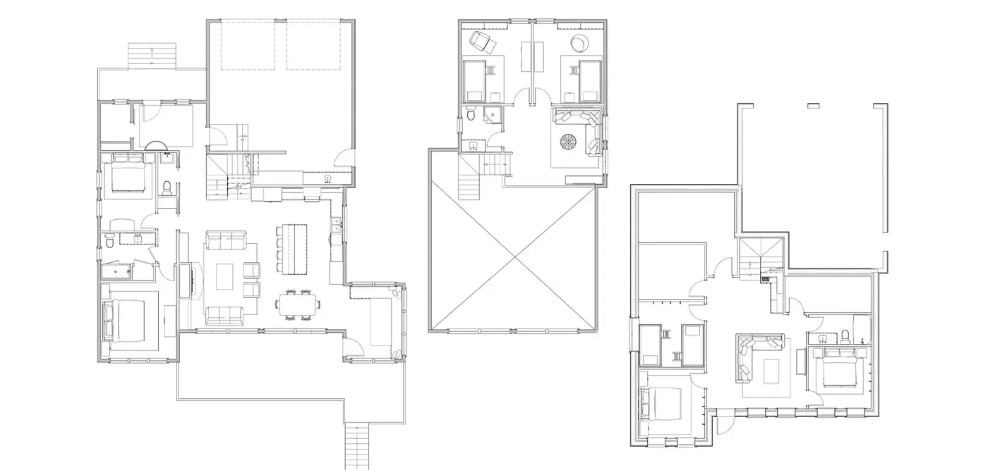 floor plan with main second an lower level for the timber lane cottage